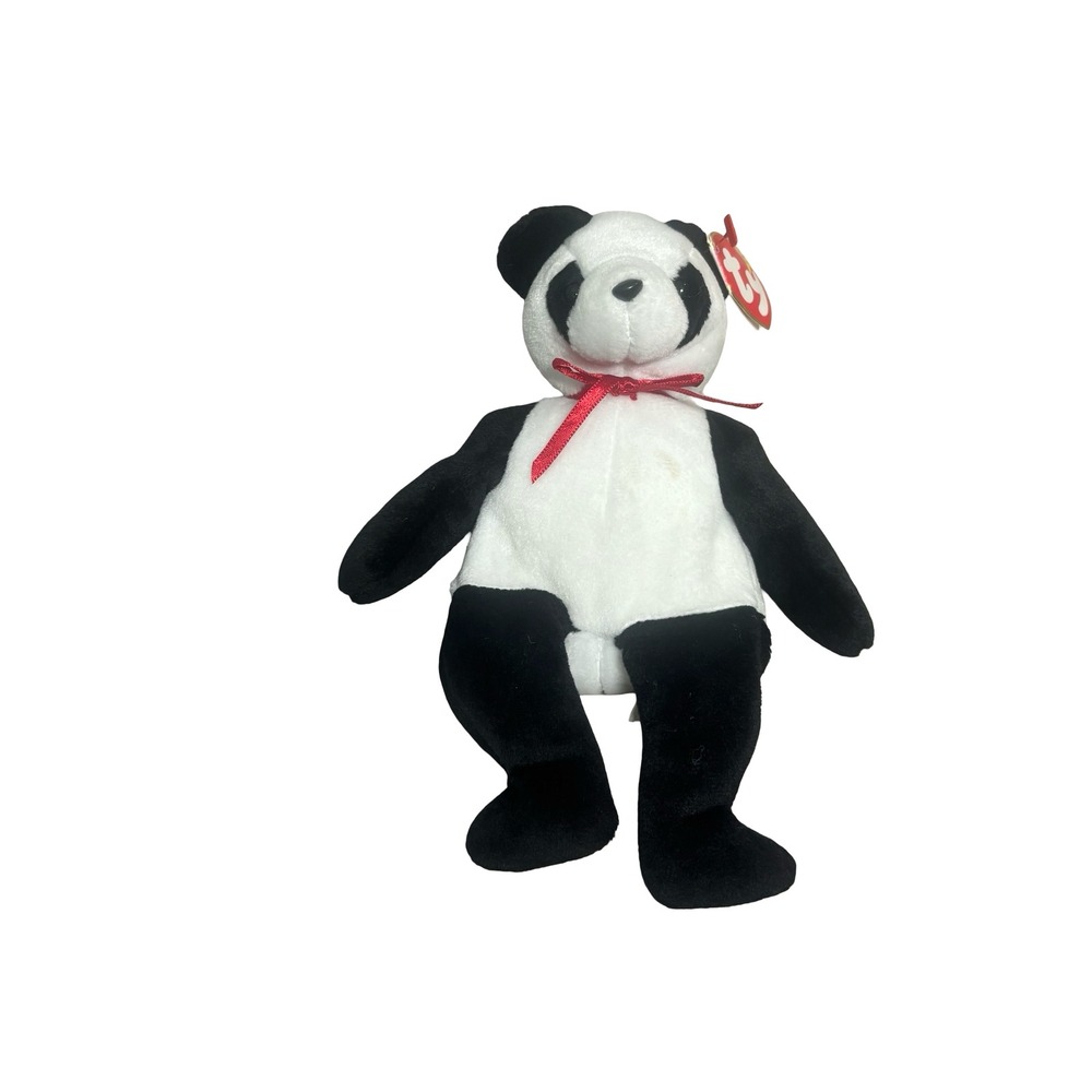 Ty Beanie Baby Fortune the Panda 1997 Vintage Plush Black White Red Ribbon 8"